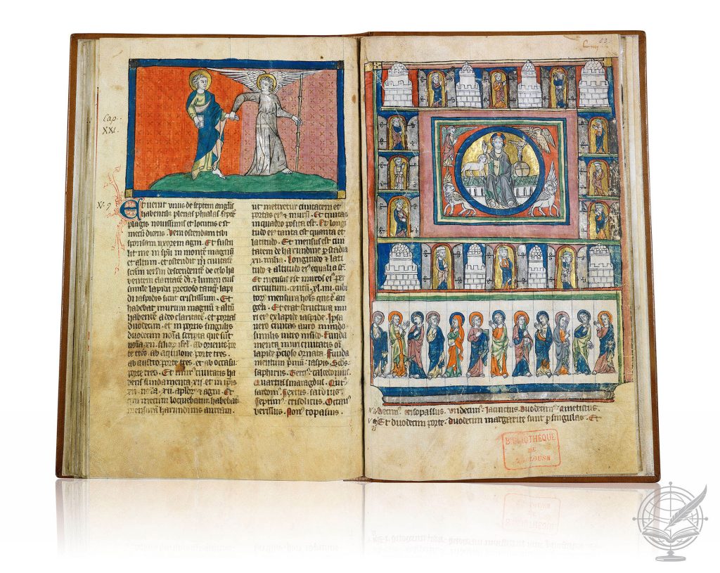 Open facsimile book of the Apocalypse of Toulouse (Municipal Library of Toulouse, Ms. 0815) along with its bookcase, bound in leather over wood and stamped in gold, shows folio 55.