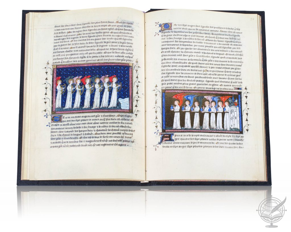 Open facsimile book of Yates Thompson's Apocalypse (British Library ms. Yates Thompson 10), bound in tool-stamped black leather. Folio 26 is shown.