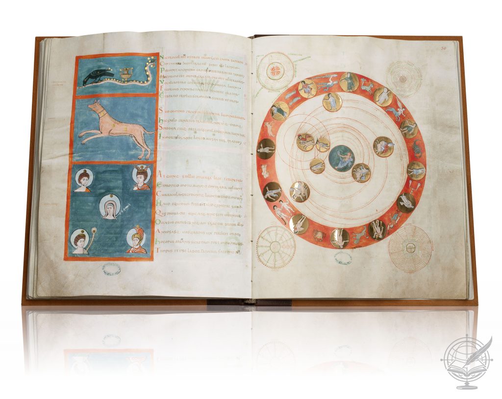 Open facsimile book of Aratea (Boulogne-sur-Mer, Municipal Library of Annonciades, Ms. 188), bound in two-colour dutch in leathers over wood board with spine stamped in gold. Folio 30 is shown.