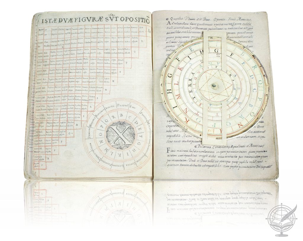Open book facsimile of Raimundo Lulio's Ars Magna, (Biblioteca Real Monasterio de San Lorenzo de El Escorial, ms. 8c.IV.6) bound in printed and aged authentic parchment. Shows folio 15.
