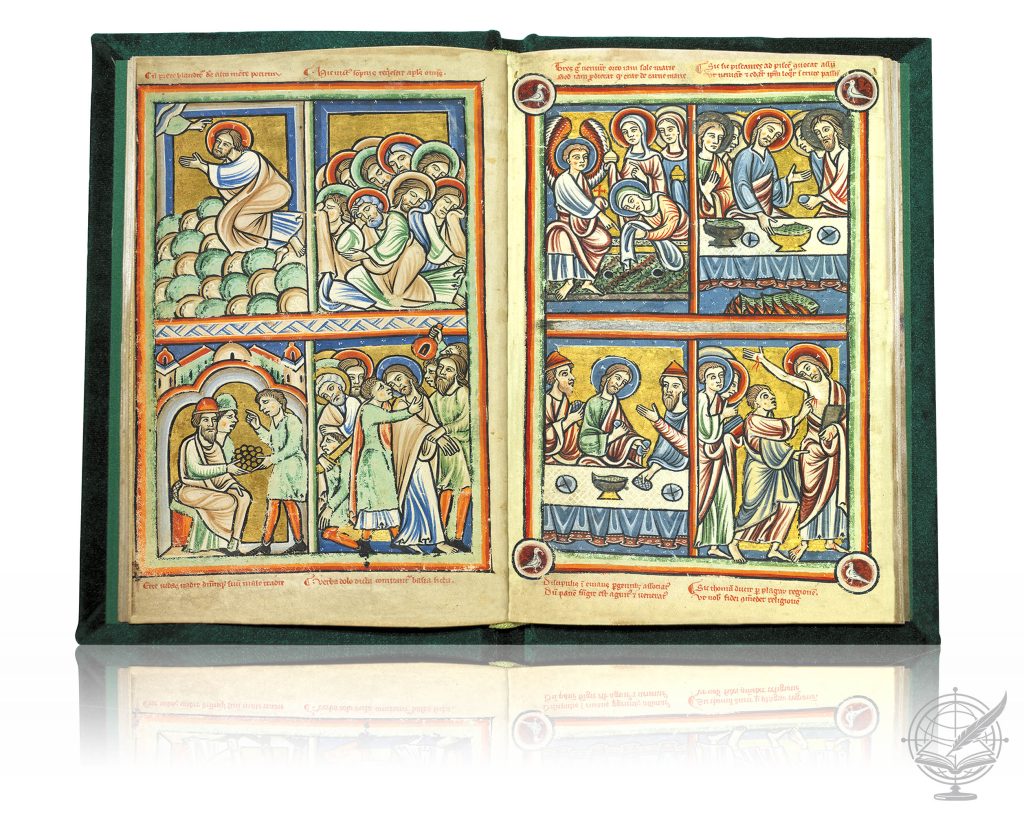 Open book facsimile of The Hague Illustrated Bible (Royal Library of The Hague, ms. 76F5), bound in green velvet over wooden boards decorated with metal clasps. Folio 8 is shown.