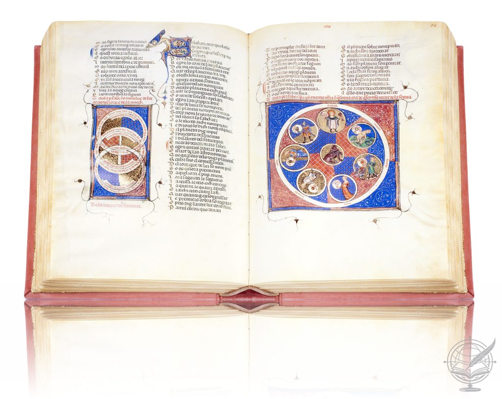 Open book facsimile of the Breviary of Love (National Library of Russia, ms. Prov. F. V. XIV. 1), bound in pink tool-stamped velvet on wood. Folio 54 is shown.