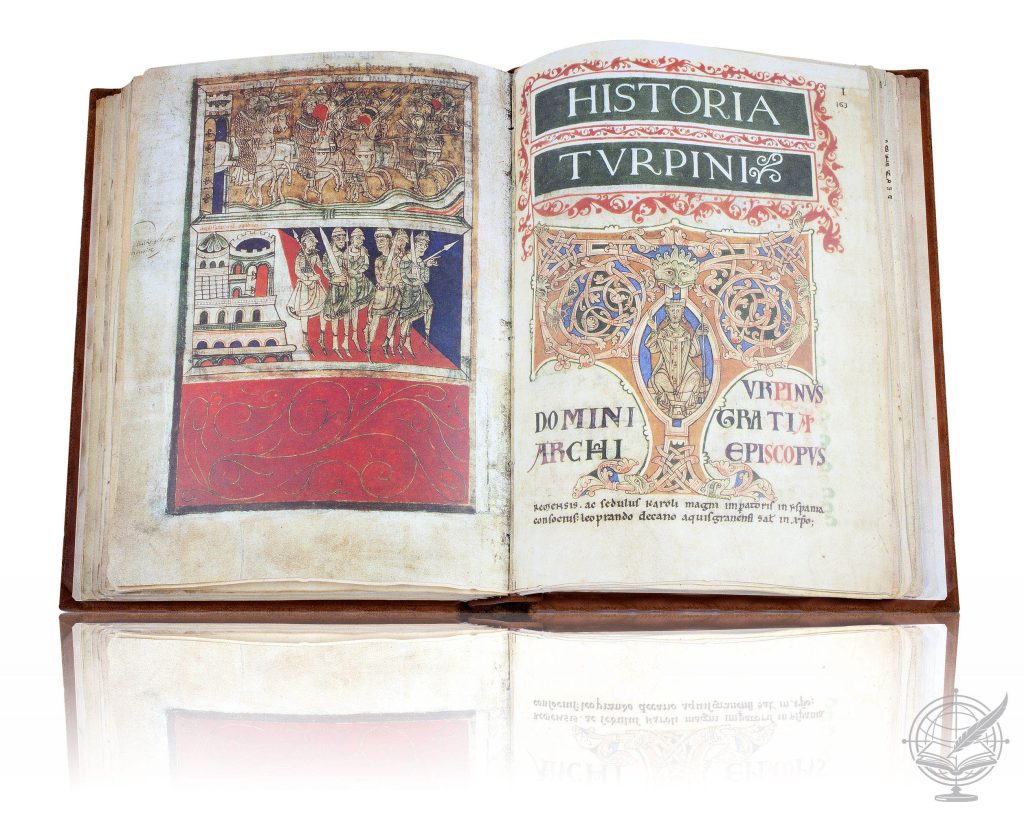 Open book facsimile of the Codex Calixtinus, (Cathedral of Santiago de Compostela), bound in natural tool-stamped leather over wood boards.