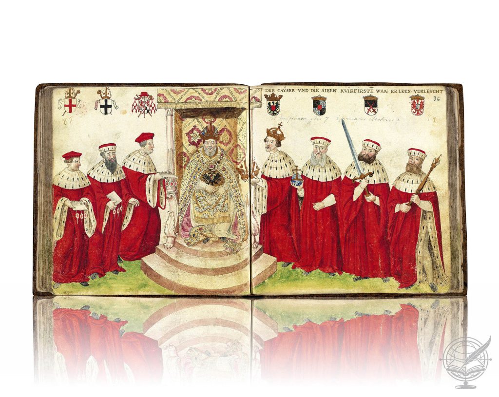 Open facsimile book of the Codex of Costumes (Biblioteca Nacional de España, Res/285), bound in marbled leather and stamped in gold, shows folio 36.