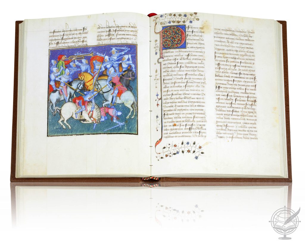 Open facsimile book of the Destruction of Troy (National Library of Russia, Lat. F.v.IV.5), bound in leather over wooden boards and stamped in gold.