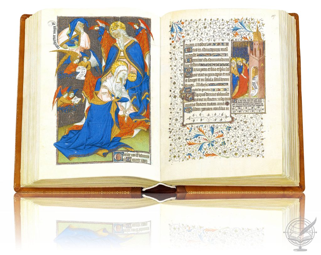 Open book facsimile of the Grandes Heures de Rohan (Bibliothèque Nationale de France, ms. Lat. 9471), bound in Dutch in two-colour leathers over wood covers and spine stamped in gold. Folio 107 is shown.