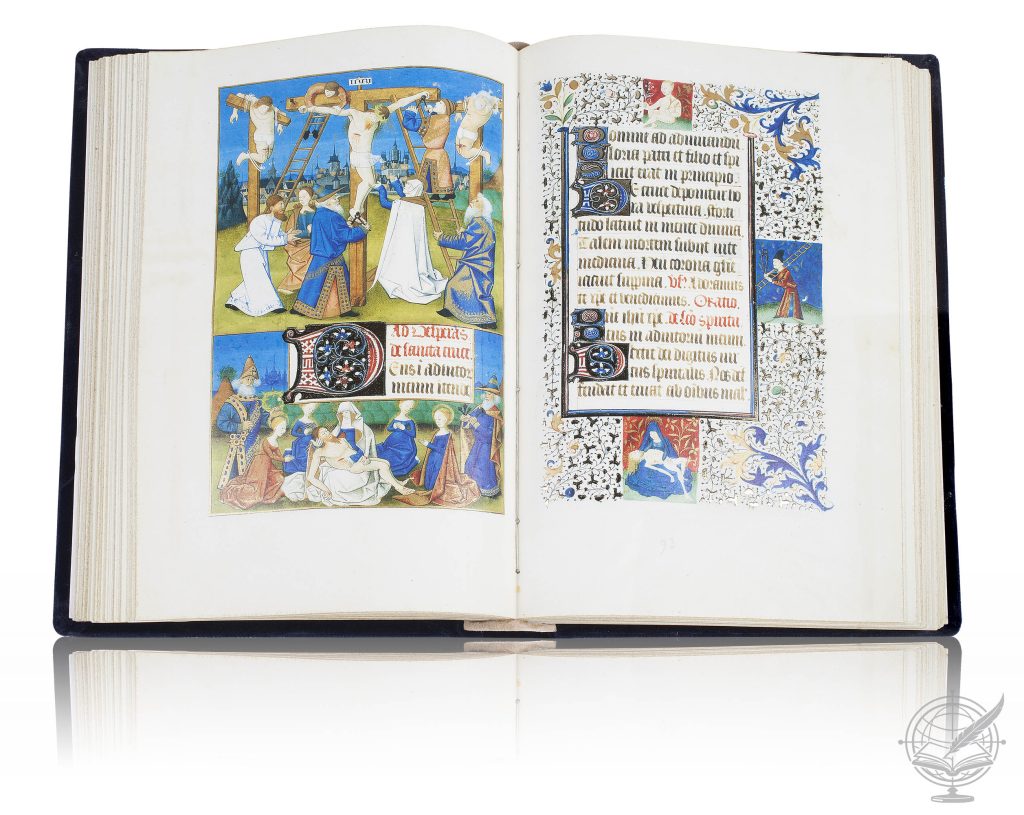 Open facsimile of the Gulbenkian Book of Hours (Calouste Gulbenkian Foundation of Lisbon, ms. Lat. 135), bound in blue velvet.
