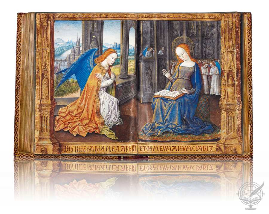 Open book facsimile of LePeley's Book of Hours (Bibliothèque Municipale de Troyes, Ms. 3901), bound in red leather on wooden boards and stamped in gold.