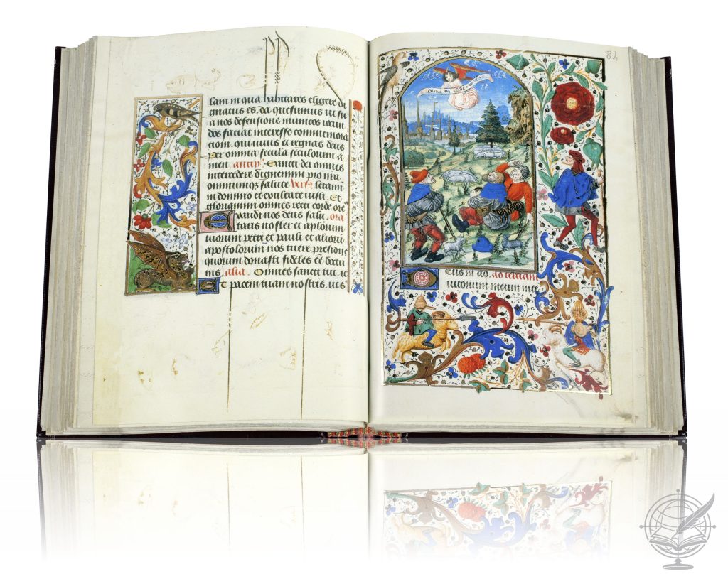 Facsimile open book of the Book of Hours of the Seven Deadly Sins (Biblioteca Nacional de España, Vitr. 24-10), bound in leather with gold stamping. Shows folio 84