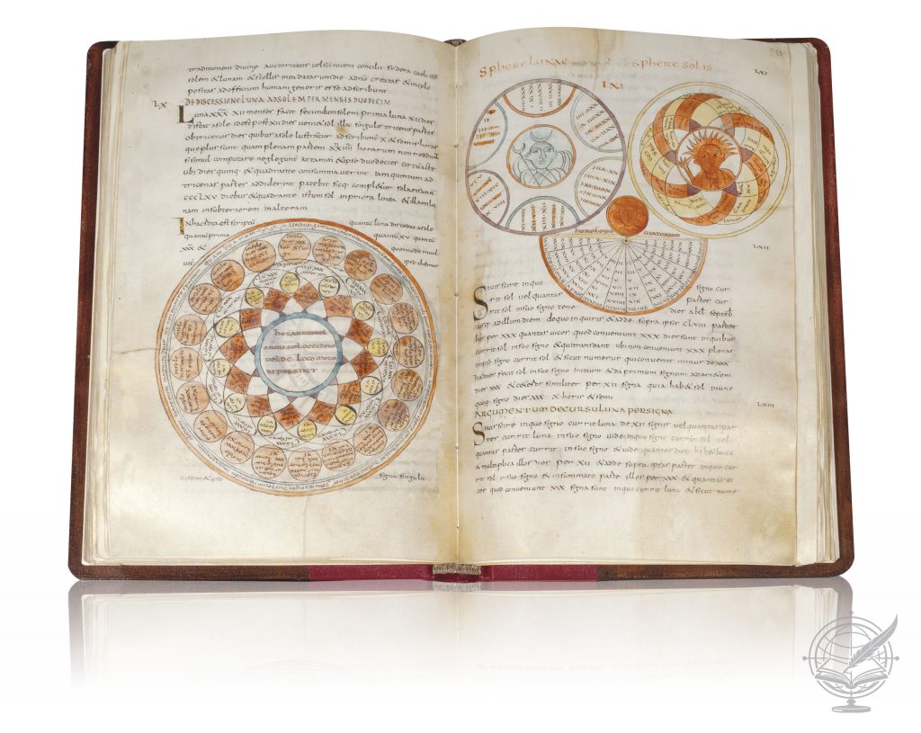 Open facsimile of Isidoro de Sevilla, Book of Wheels, (Bibliothèque Municipale Suzanne Martinet, Ms. 422), bound in Dutch-style with leather and wood covers and spine stamped in gold. Shows folio 53.