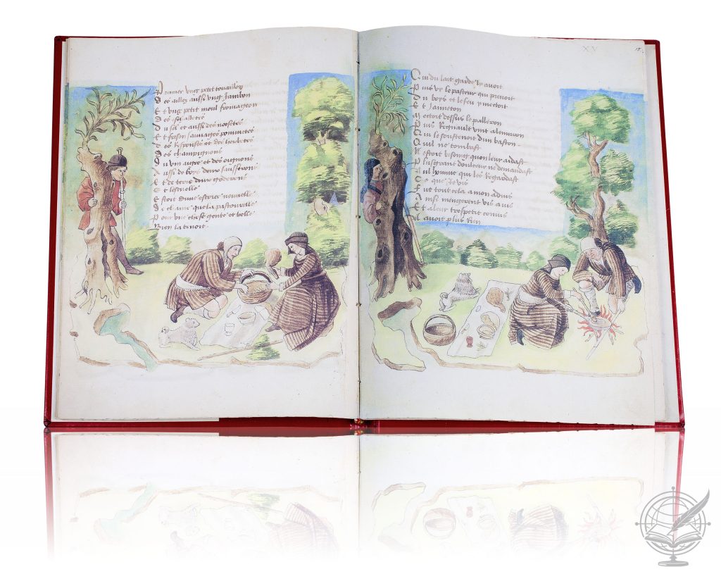 Open facsimile book by René D' Anjou (National Library of Russia, ms. Fr. Q. p. XIV. 1), bound in red morocco leather decorated with green and red mosaic. Folio 15 is shown.