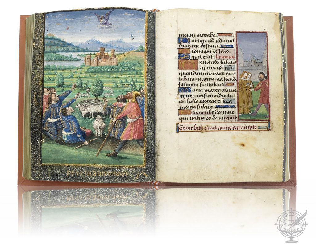 Open book of the facsimile of the Besançon Book of Hours, (Bibliothèque municipale de Besançon, MS 148)