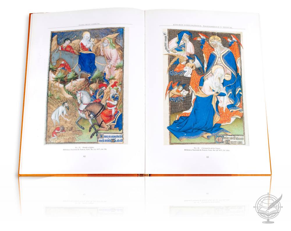 Open commentary volume of the Great Hours of Rohan facsimile edition showing an inner double page.