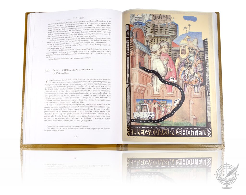 Open artist book of the Marco Polo Wonders by Fernando Bellver edition showing an inner double page. High-quality facsimile production and distribution by Incipit Manuscript.