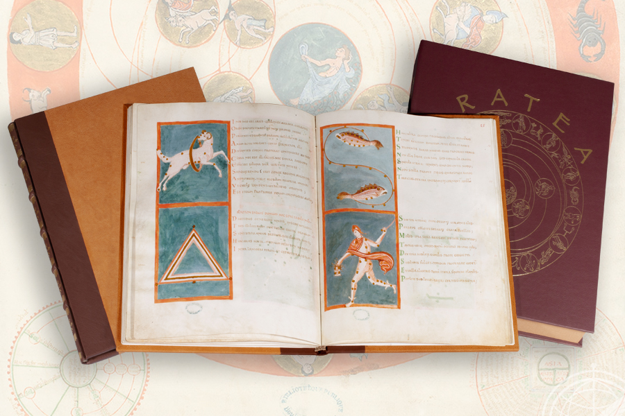 Composition showing the open facsimile book of Aratea (Boulogne-sur-Mer, Municipal Library of Annonciades, Ms. 188) together with its slipcase, bound in two-colour Dutch in leathers over wooden covers and spine stamped in gold.