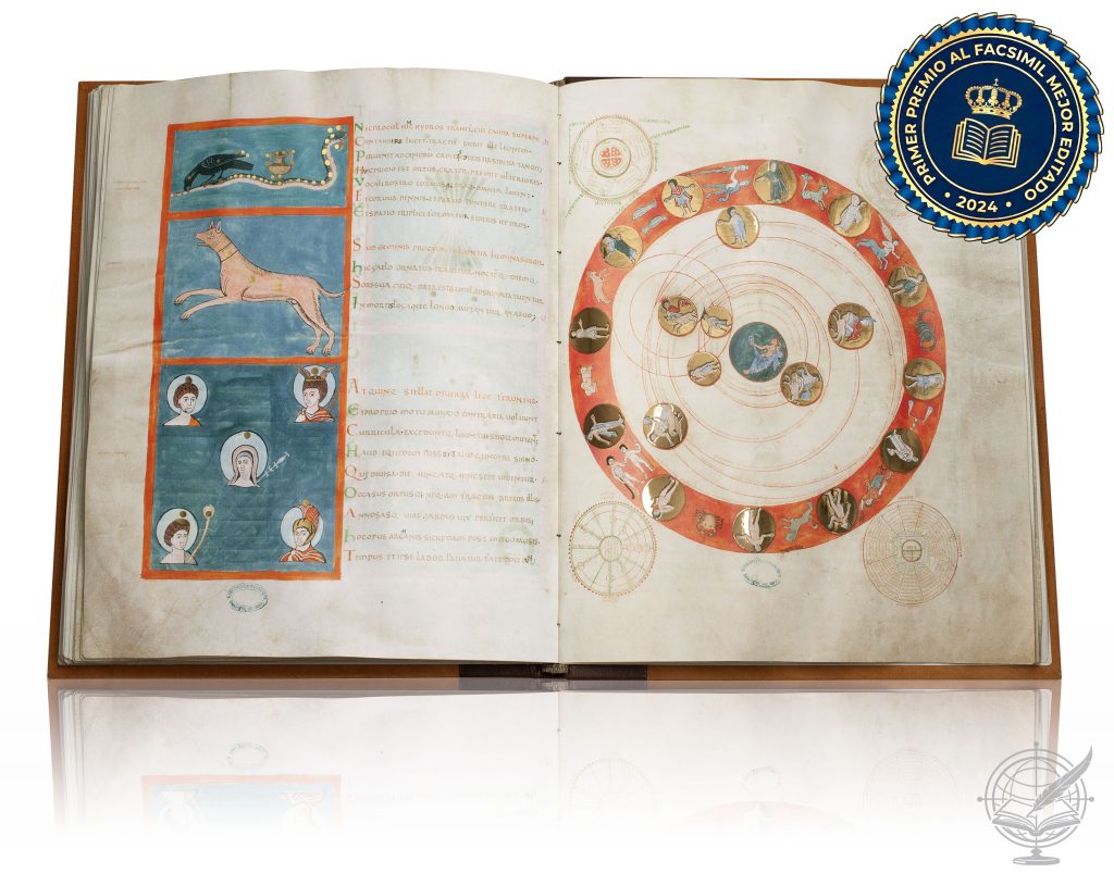 Open facsimile book of Aratea (Boulogne-sur-Mer, Municipal Library of Annonciades, Ms. 188), bound in two-colour dutch in leathers over wood board with spine stamped in gold. Folio 30 is shown.