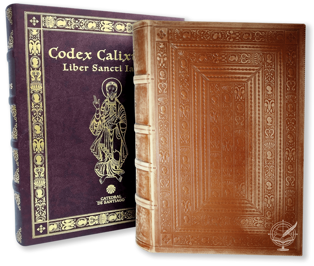 Collage of the open facsimile book of Codex Calixtinus (Santiago de Compostela Cathedral), together with its bookcase, bound in heat-tooled leather over wood boads.