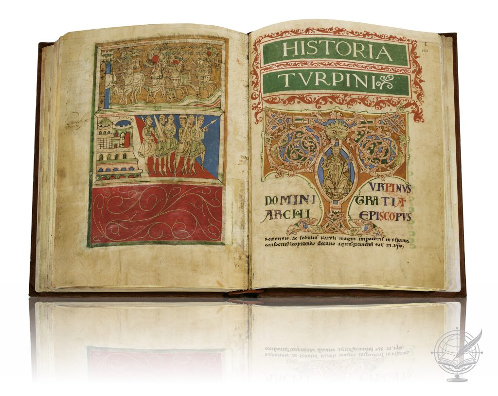 Facsimile open book of the Codex Calixtinus, (Cathedral of Santiago de Compostela), folio 163 is shown.